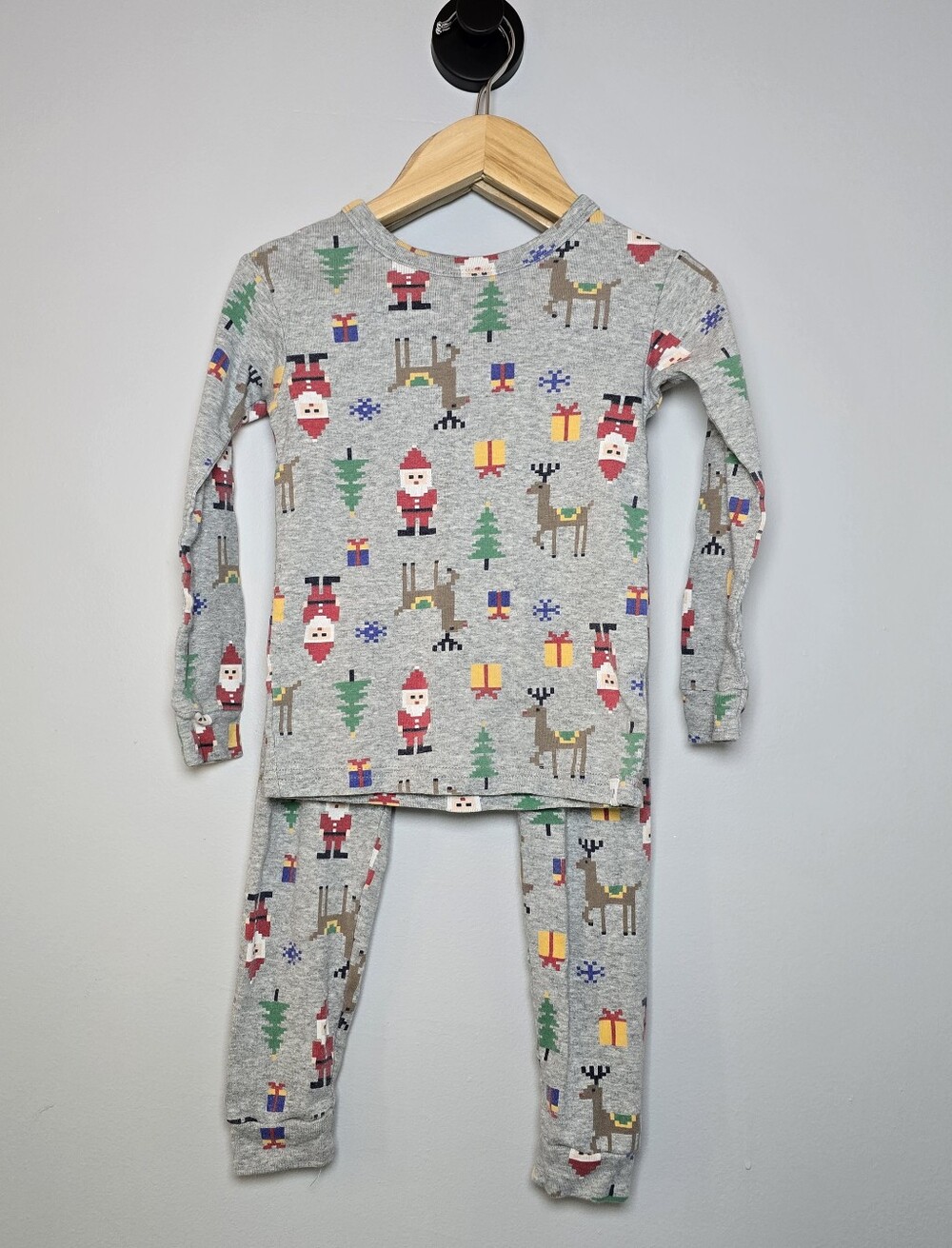 GAP Gray Kids Holiday Pajama Set with Santa, Reindeer, Trees, and Gifts